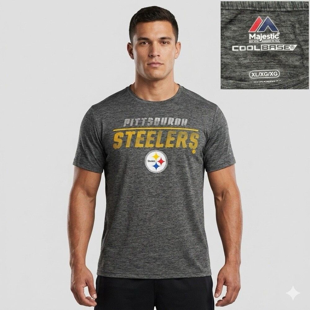 Majestic Steelers NFL Cool Base Performance T-Shirt Grey Heather Mens Sz XL NWOT